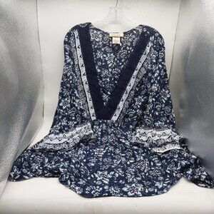 Davina Blouse Size 3X Blue White Floral Shirt Duster Tunic